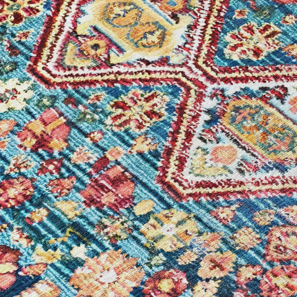 HomeRoots 8' Teal Blue & Merlot Round Aztec Rug - Durable, Washable Indoor/Outdoor Accent for High-Traffic Areas 622176