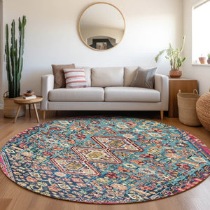 HomeRoots 8' Teal Blue & Merlot Round Aztec Rug - Durable, Washable Indoor/Outdoor Accent for High-Traffic Areas 622176