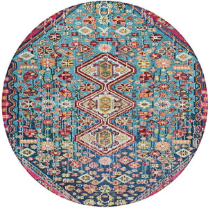HomeRoots 8' Teal Blue & Merlot Round Aztec Rug - Durable, Washable Indoor/Outdoor Accent for High-Traffic Areas 622176