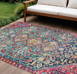 HomeRoots 9' X 12' Teal Blue & Merlot Aztec Washable Rug - Durable Indoor/Outdoor Design for Any Space! 622178
