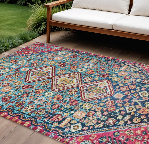 HomeRoots 9' X 12' Teal Blue & Merlot Aztec Washable Rug - Durable Indoor/Outdoor Design for Any Space! 622178