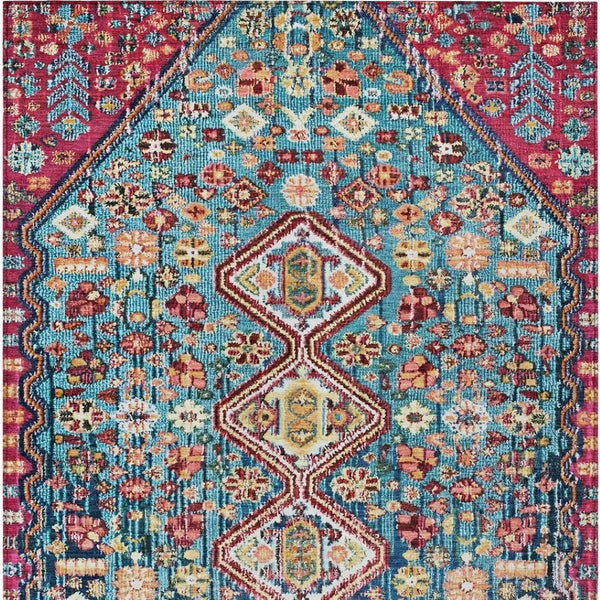 HomeRoots 9' X 12' Teal Blue & Merlot Aztec Washable Rug - Durable Indoor/Outdoor Design for Any Space! 622178