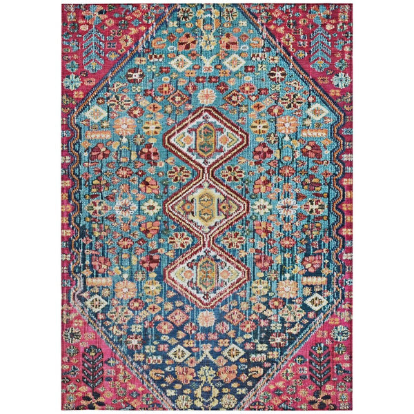HomeRoots 9' X 12' Teal Blue & Merlot Aztec Washable Rug - Durable Indoor/Outdoor Design for Any Space! 622178