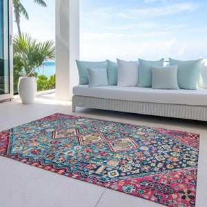 HomeRoots 9' X 12' Teal Blue & Merlot Aztec Washable Rug - Durable Indoor/Outdoor Design for Any Space! 622178
