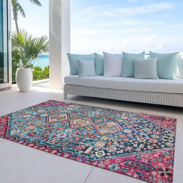 HomeRoots 9' X 12' Teal Blue & Merlot Aztec Washable Rug - Durable Indoor/Outdoor Design for Any Space! 622178