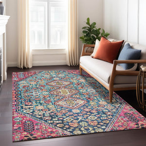 HomeRoots 9' X 12' Teal Blue & Merlot Aztec Washable Rug - Durable Indoor/Outdoor Design for Any Space! 622178