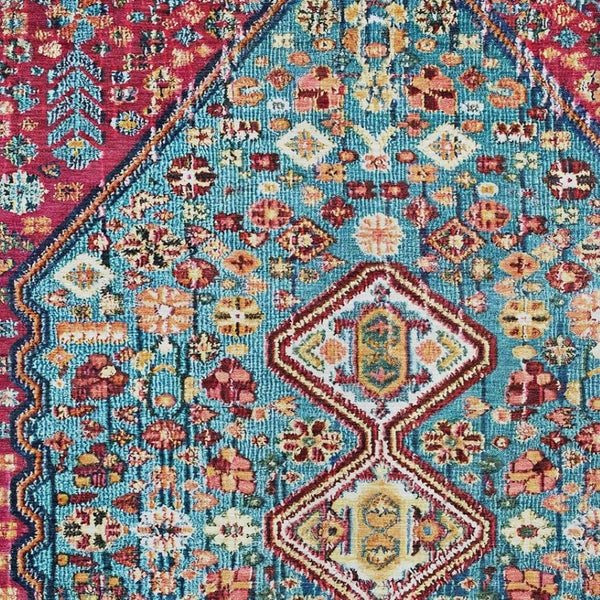 HomeRoots 10' X 14' Teal Blue & Merlot Aztec Area Rug - Stylish, Washable, Durable for Indoor & Outdoor Use! 622179