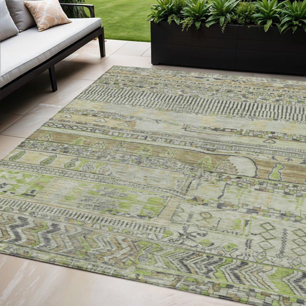 HomeRoots 5' X 8' Beige & Mint Green Striped Washable Area Rug - Durable, Stylish for Indoor & Outdoor Use! 622181