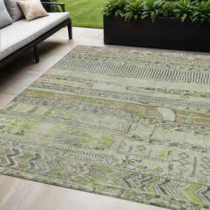 HomeRoots 5' X 8' Beige & Mint Green Striped Washable Area Rug - Durable, Stylish for Indoor & Outdoor Use! 622181