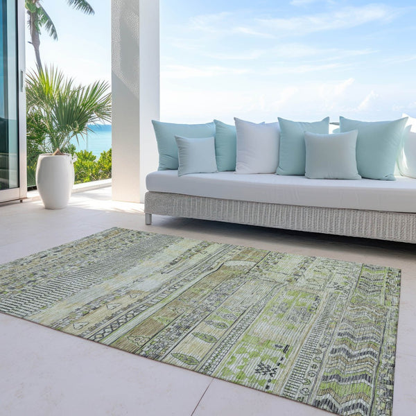 HomeRoots 5' X 8' Beige & Mint Green Striped Washable Area Rug - Durable, Stylish for Indoor & Outdoor Use! 622181