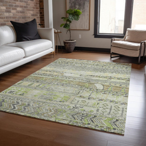 HomeRoots 5' X 8' Beige & Mint Green Striped Washable Area Rug - Durable, Stylish for Indoor & Outdoor Use! 622181