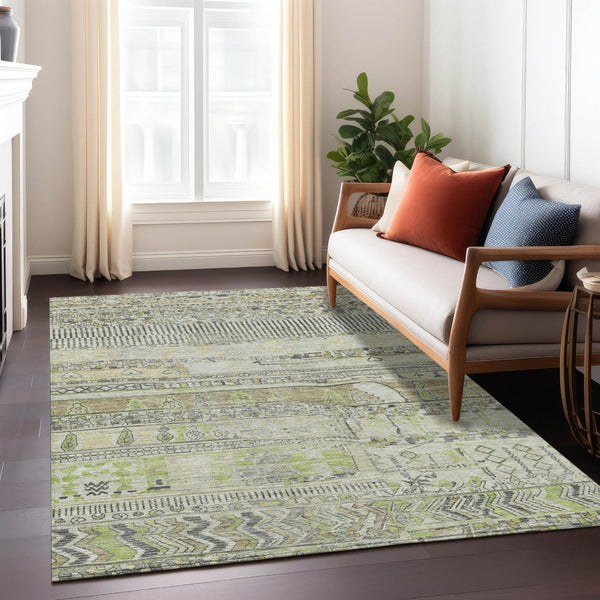 HomeRoots 5' X 8' Beige & Mint Green Striped Washable Area Rug - Durable, Stylish for Indoor & Outdoor Use! 622181