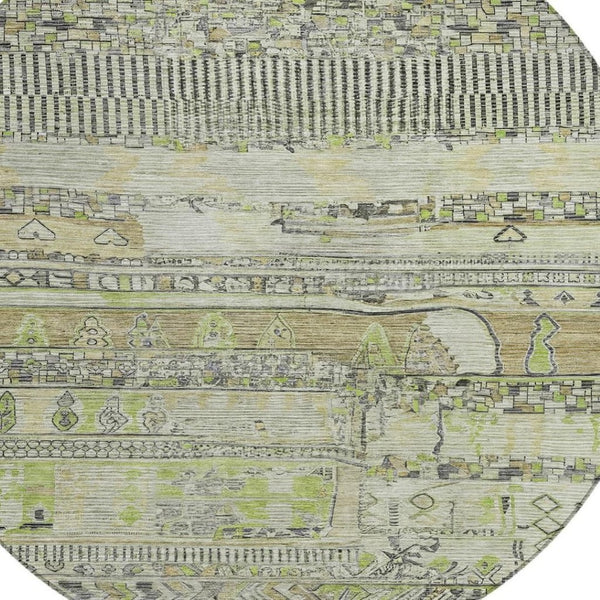 HomeRoots 8' Beige and Mint Green Round Striped Rug - Washable, Durable Design for Indoor & Outdoor Spaces! 622182