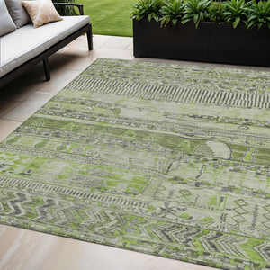 HomeRoots 5' Olive Green and Gray Striped Indoor-Outdoor Area Rug – Washable, Durable, Stylish for Any Space 622199