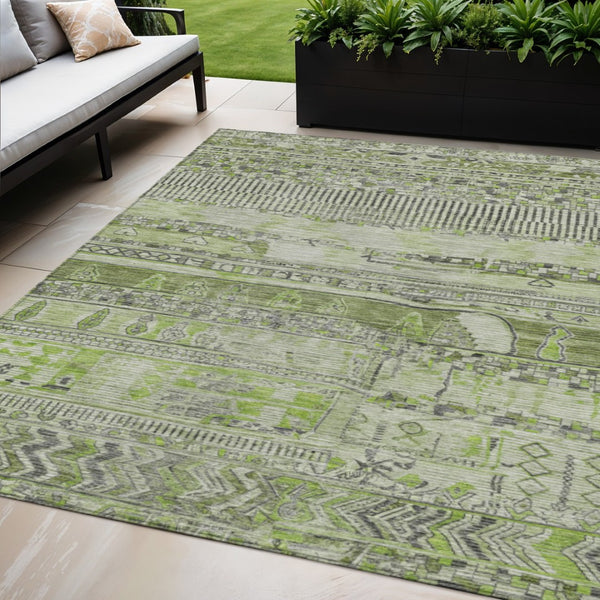 HomeRoots 5' Olive Green and Gray Striped Indoor-Outdoor Area Rug – Washable, Durable, Stylish for Any Space 622199