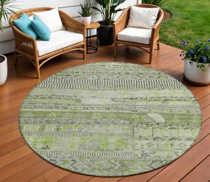 HomeRoots 8' Olive Green & Gray Round Striped Area Rug – Stylish, Washable, Durable for Indoor & Outdoor Use 622200