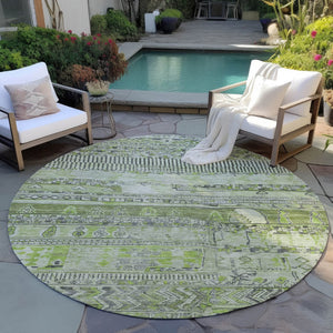HomeRoots 8' Olive Green & Gray Round Striped Area Rug – Stylish, Washable, Durable for Indoor & Outdoor Use 622200