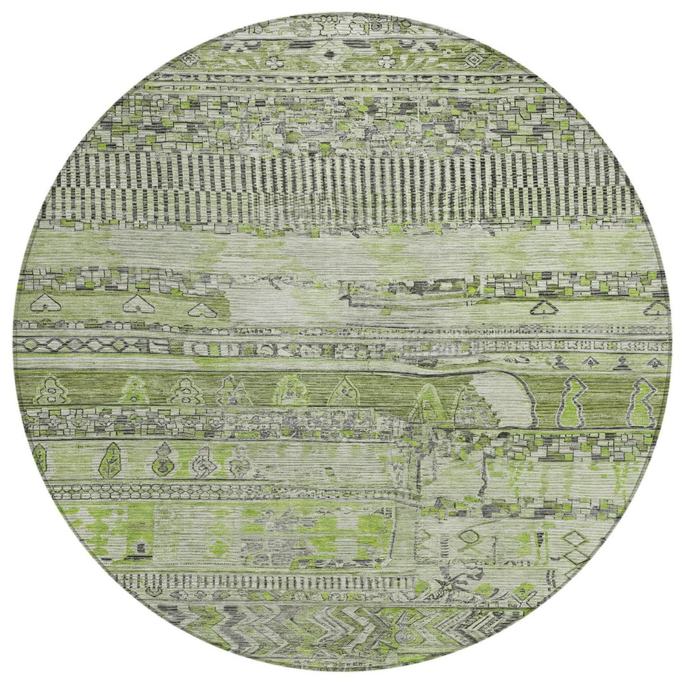 HomeRoots 8' Olive Green & Gray Round Striped Area Rug – Stylish, Washable, Durable for Indoor & Outdoor Use 622200