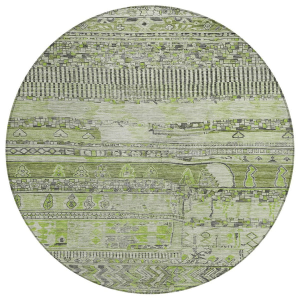 HomeRoots 8' Olive Green & Gray Round Striped Area Rug – Stylish, Washable, Durable for Indoor & Outdoor Use 622200