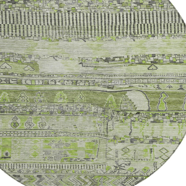 HomeRoots 8' Olive Green & Gray Round Striped Area Rug – Stylish, Washable, Durable for Indoor & Outdoor Use 622200