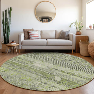 HomeRoots 8' Olive Green & Gray Round Striped Area Rug – Stylish, Washable, Durable for Indoor & Outdoor Use 622200