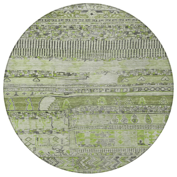 HomeRoots 8' Olive Green & Gray Round Striped Area Rug – Stylish, Washable, Durable for Indoor & Outdoor Use 622200