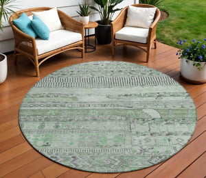 HomeRoots 8' Sage and Gray Round Striped Indoor Outdoor Rug - Washable, Durable, Stylish for Any Space! 622206