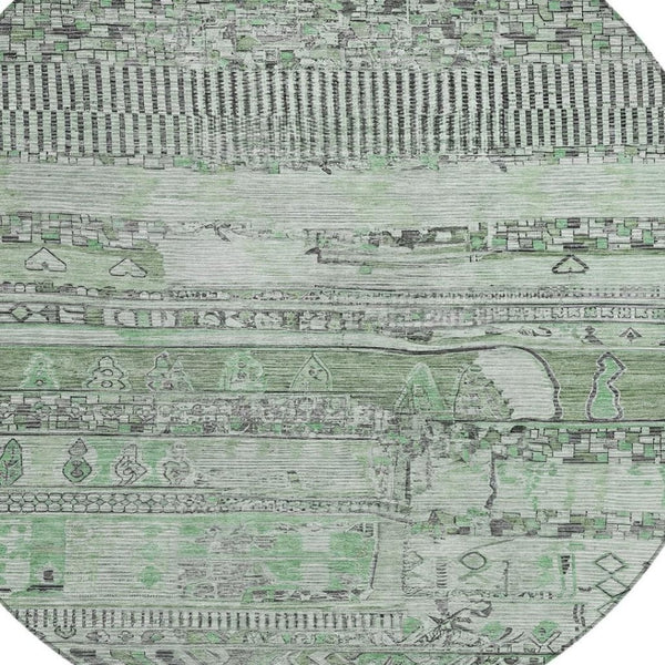HomeRoots 8' Sage and Gray Round Striped Indoor Outdoor Rug - Washable, Durable, Stylish for Any Space! 622206