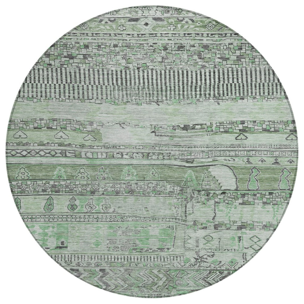 HomeRoots 8' Sage and Gray Round Striped Indoor Outdoor Rug - Washable, Durable, Stylish for Any Space! 622206