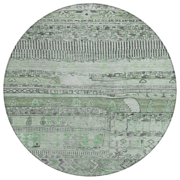 HomeRoots 8' Sage and Gray Round Striped Indoor Outdoor Rug - Washable, Durable, Stylish for Any Space! 622206