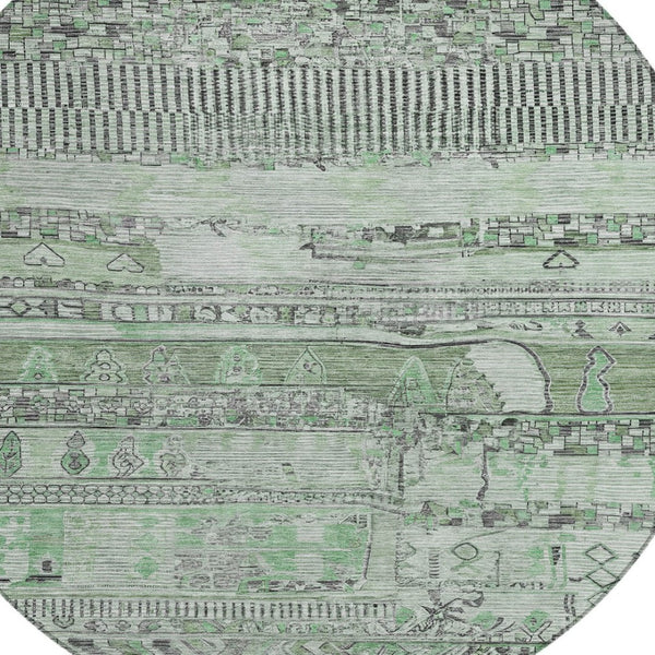 HomeRoots 8' Sage and Gray Round Striped Indoor Outdoor Rug - Washable, Durable, Stylish for Any Space! 622206