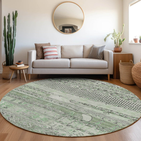 HomeRoots 8' Sage and Gray Round Striped Indoor Outdoor Rug - Washable, Durable, Stylish for Any Space! 622206