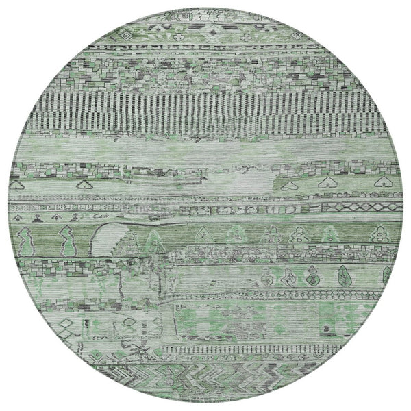 HomeRoots 8' Sage and Gray Round Striped Indoor Outdoor Rug - Washable, Durable, Stylish for Any Space! 622206