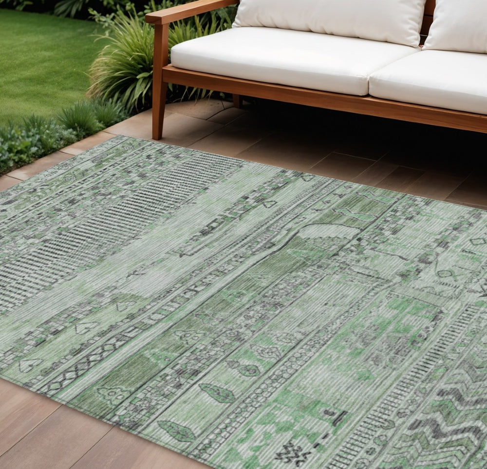 HomeRoots 10' Sage and Gray Striped Washable Area Rug - Durable, Stain-Resistant for Indoor & Outdoor Use! 622209