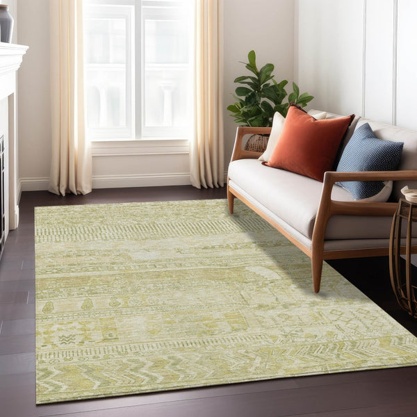 HomeRoots 10' Tan and Gold Striped Washable Area Rug - Durable, Stain-Resistant for Indoor & Outdoor Use! 622215