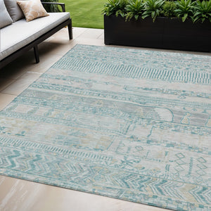 HomeRoots 5' Teal Blue and Gray Striped Washable Area Rug - Durable, Stylish Indoor/Outdoor Décor for Any Space 622217