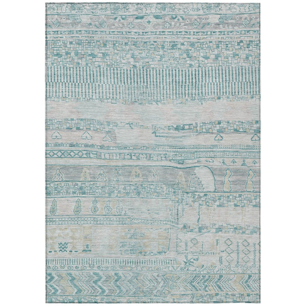HomeRoots 5' Teal Blue and Gray Striped Washable Area Rug - Durable, Stylish Indoor/Outdoor Décor for Any Space 622217