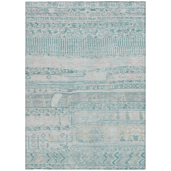 HomeRoots 5' Teal Blue and Gray Striped Washable Area Rug - Durable, Stylish Indoor/Outdoor Décor for Any Space 622217