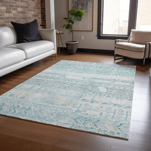 HomeRoots 5' Teal Blue and Gray Striped Washable Area Rug - Durable, Stylish Indoor/Outdoor Décor for Any Space 622217