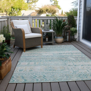 HomeRoots 5' Teal Blue and Gray Striped Washable Area Rug - Durable, Stylish Indoor/Outdoor Décor for Any Space 622217