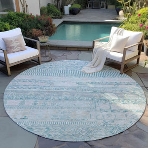 HomeRoots 8' Teal Blue and Gray Striped Washable Area Rug - Durable, Stylish for Indoor & Outdoor Spaces! 622218