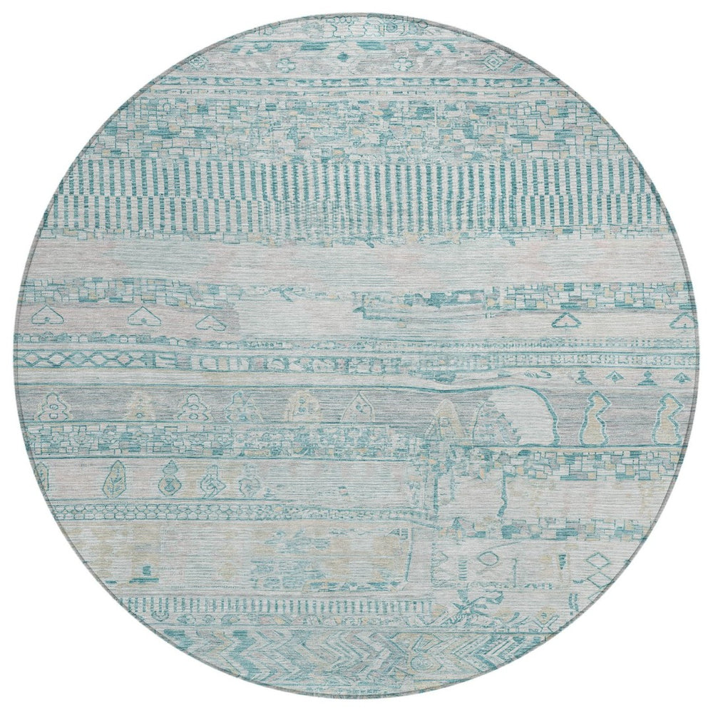 HomeRoots 8' Teal Blue and Gray Striped Washable Area Rug - Durable, Stylish for Indoor & Outdoor Spaces! 622218