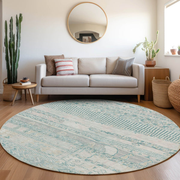 HomeRoots 8' Teal Blue and Gray Striped Washable Area Rug - Durable, Stylish for Indoor & Outdoor Spaces! 622218