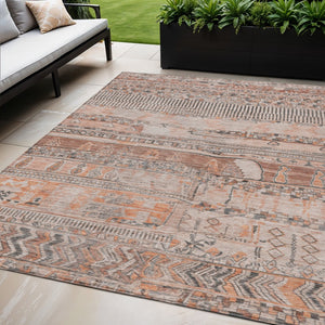 HomeRoots 5' x 8' Stylish Terra Cotta & Gray Striped Washable Area Rug for Indoor & Outdoor Use, Durable & Chic 622223