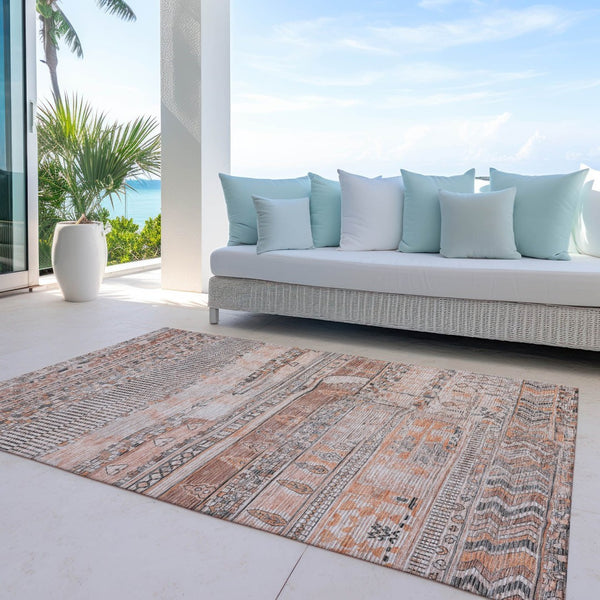HomeRoots 5' x 8' Stylish Terra Cotta & Gray Striped Washable Area Rug for Indoor & Outdoor Use, Durable & Chic 622223