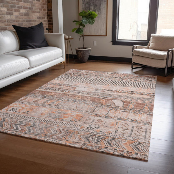 HomeRoots 5' x 8' Stylish Terra Cotta & Gray Striped Washable Area Rug for Indoor & Outdoor Use, Durable & Chic 622223