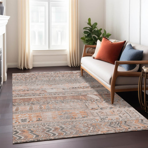 HomeRoots 5' x 8' Stylish Terra Cotta & Gray Striped Washable Area Rug for Indoor & Outdoor Use, Durable & Chic 622223