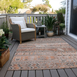 HomeRoots 5' x 8' Stylish Terra Cotta & Gray Striped Washable Area Rug for Indoor & Outdoor Use, Durable & Chic 622223