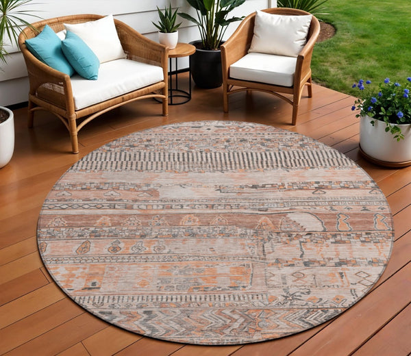 HomeRoots 8' Washable Terra Cotta and Gray Round Striped Area Rug – Durable, Stylish, Indoor/Outdoor Design 622224