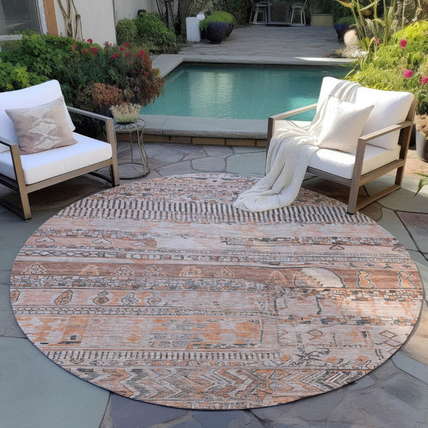 HomeRoots 8' Washable Terra Cotta and Gray Round Striped Area Rug – Durable, Stylish, Indoor/Outdoor Design 622224